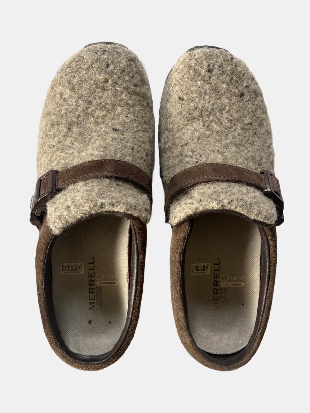 Merrell Encore Groove Wool Brindle Slip On Mules Brown suede trim Size 7.5